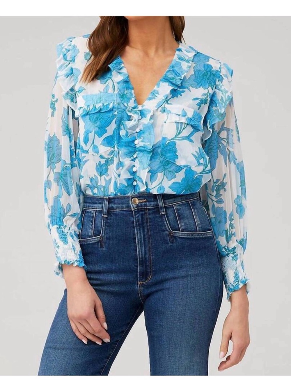 Misa Los Angeles V-Neck Ruffle Floral Blouse - Blue